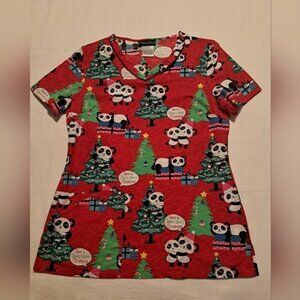 Christmas Panda women's size Small scrub top, EUC